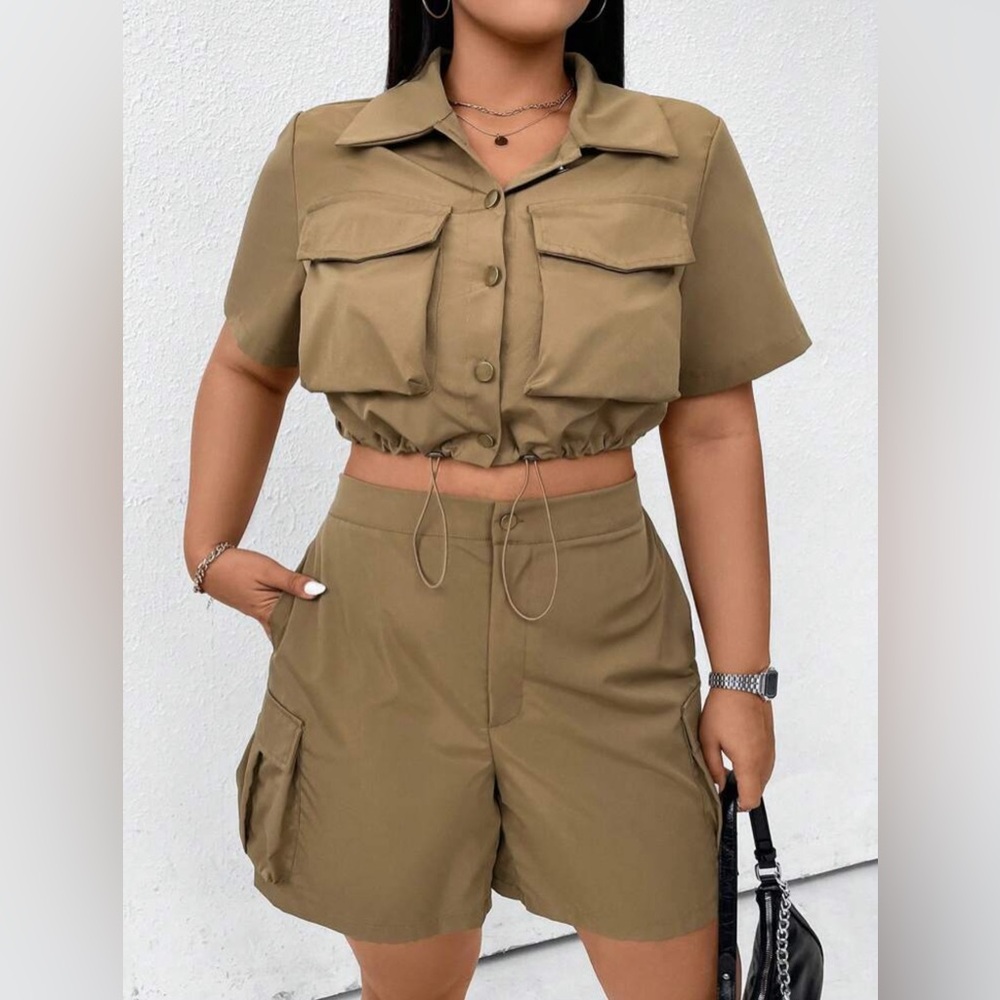 Flirla Plus Flap Pocket Drawstring Hem Crop Shirt & Shorts